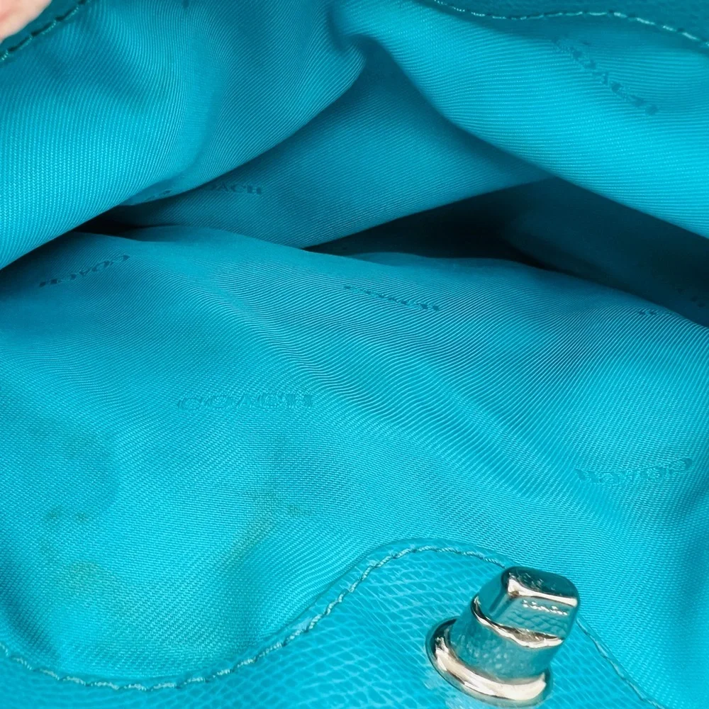 Coach Black and Turquoise All Leather Tote - White Accents & Silver Hardware